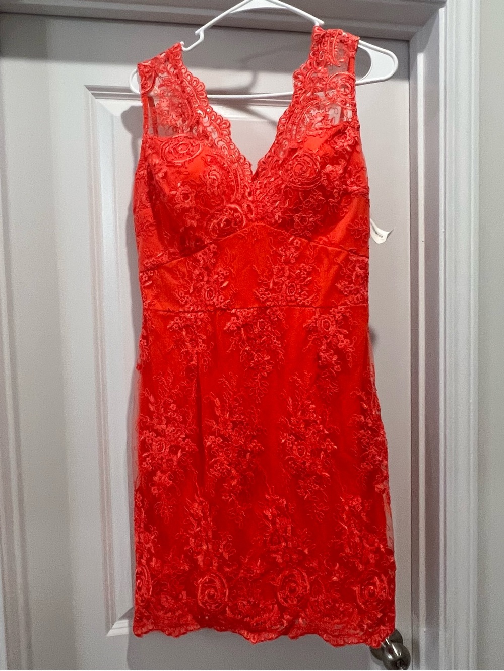 NWT Bright Coral Lace V-Neck Sleeveless Dress Zipper Back Red Dress Boutique